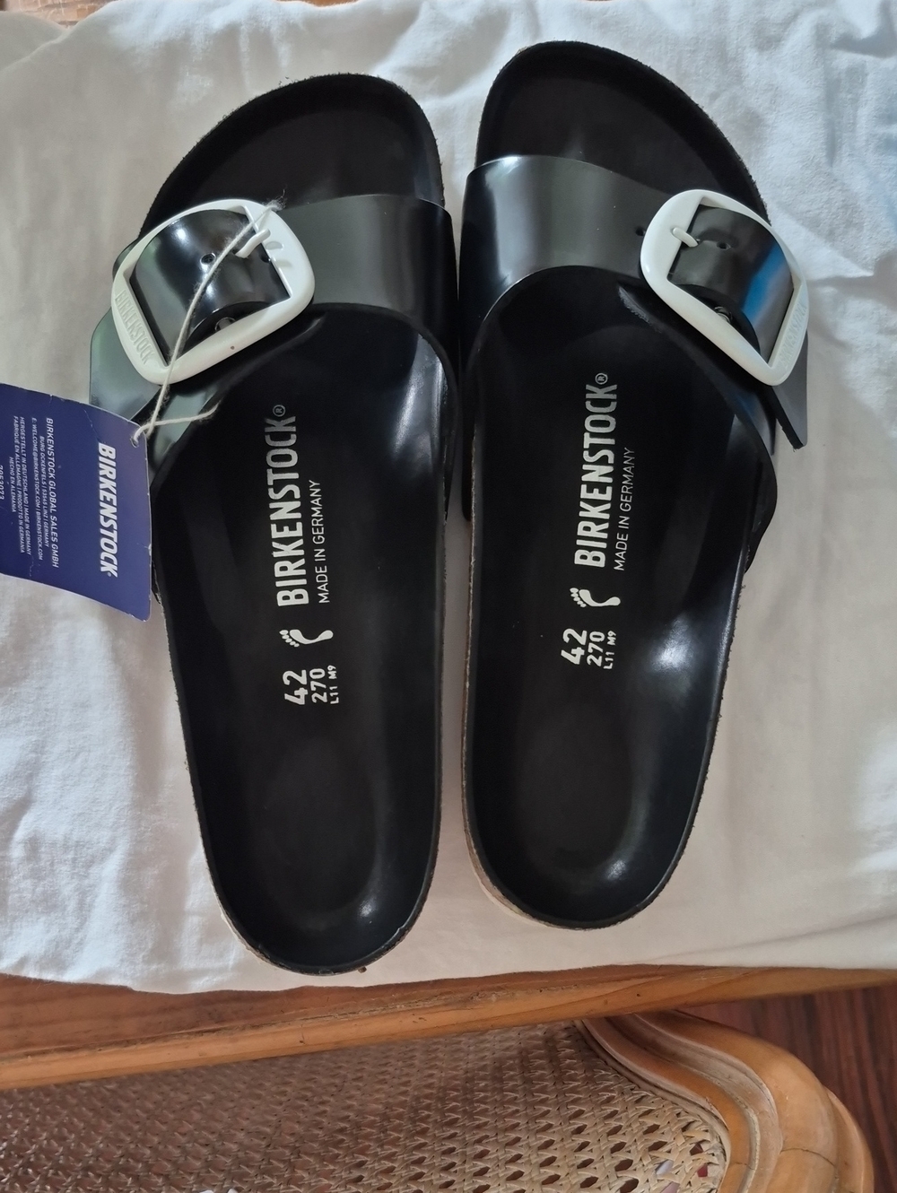 Nwt Birkenstock Black Slides with Big Black/White Buckles - Picture 1 of 4